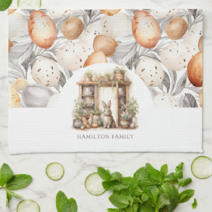 Linge De Cuisine Nom de famille du lapin de Pâques beige rustique