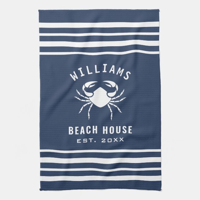 Linge De Cuisine Nom De Famille Marine Blue And White Beach House C (Vertical)