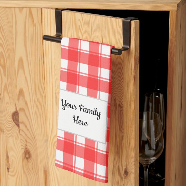 Linge De Cuisine Nom de famille Modifiable Rouge Blanc Retro Plaid  (Pliage en tiers)