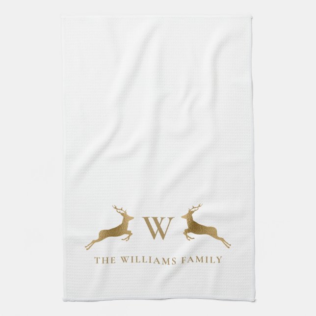 Linge De Cuisine Nom de famille Monogram Gold Deer (Vertical)