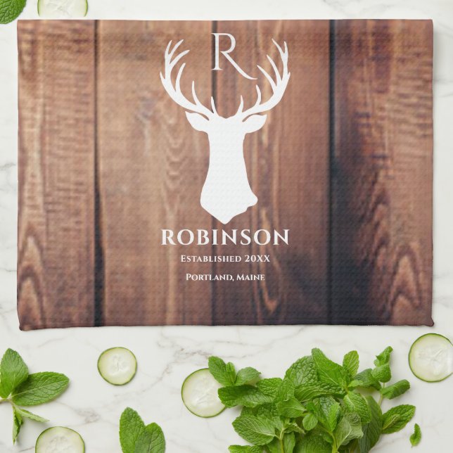 Linge De Cuisine Nom de famille Monogram Lake Rustic Deer Antler Wo (Plié)