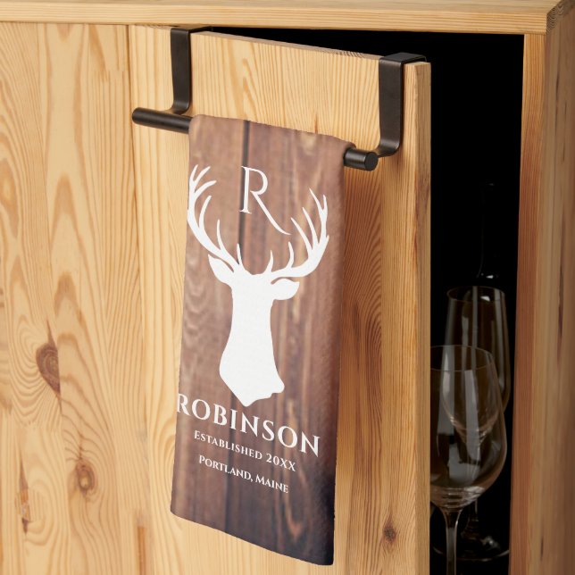 Linge De Cuisine Nom de famille Monogram Lake Rustic Deer Antler Wo (Pliage en tiers)