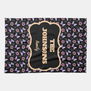 Linge De Cuisine Nom de famille personnalisé papillon floral lavand