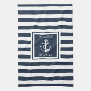 Linge De Cuisine Nom de famille rayure bleu marine ancre nautique b