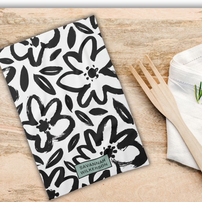 Linge De Cuisine Nom de fleur noir et blanc (Créateur téléchargé)