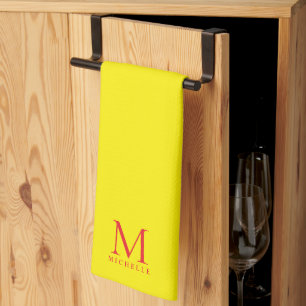 Linge De Cuisine Nom de monogramme personnalisé élégant jaune vif e