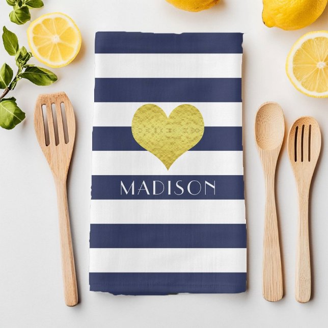 Linge De Cuisine Nom de rayures bleu marine moderne (Modern Navy Blue Stripes Name Kitchen Towel)