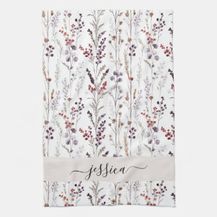 Linge De Cuisine Nom de script des fleurs d'hiver chic