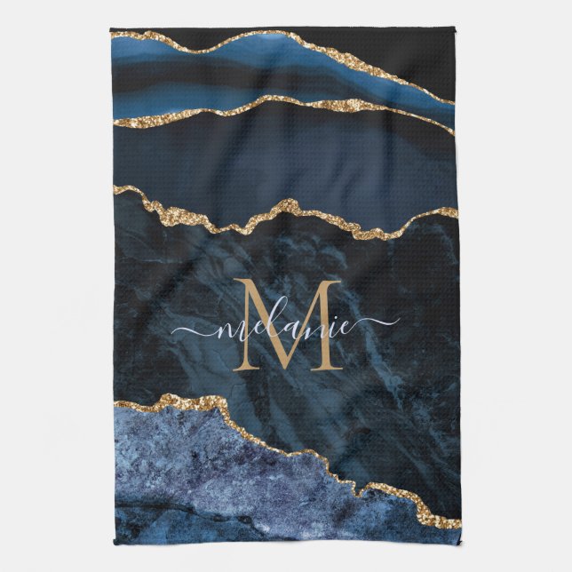 Linge De Cuisine Nom du monogramme Agate Marine Bleu Gold Gemstone  (Vertical)