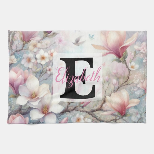 Linge De Cuisine Nom du monogramme sur l'aquarelle Fleurs en pastel (Horizontal)