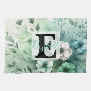 Linge De Cuisine Nom du monogramme sur l'aquarelle Fleurs en pastel