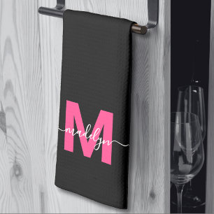 Linge De Cuisine Nom du script rose noir Monogramme