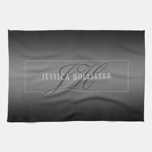 Linge De Cuisine Nom élégant & Initiales monogrammées | Noir & Gris (Horizontal)