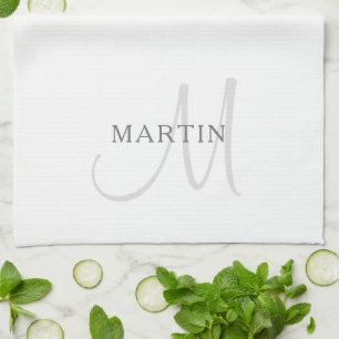 Linge De Cuisine Nom élégant Monogramme   Blanc et gris
