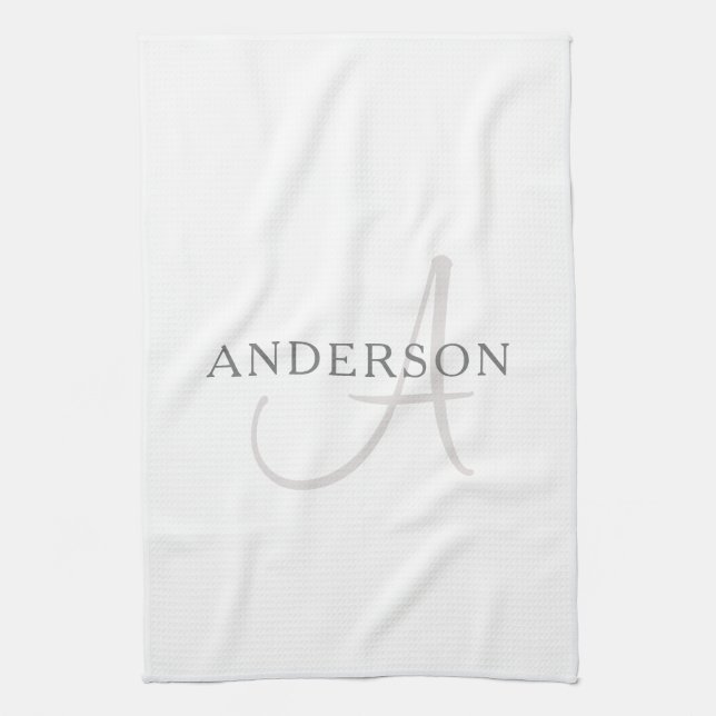 Linge De Cuisine Nom élégant Monogramme | Blanc & Gris (Vertical)