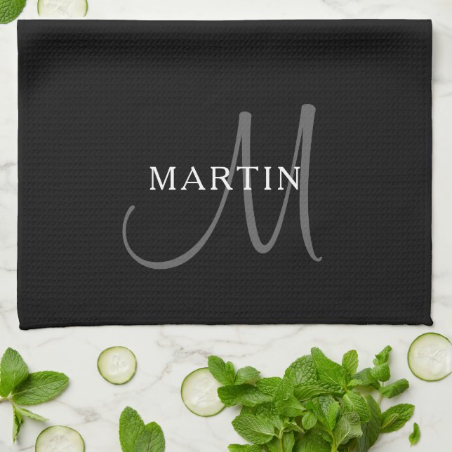 Linge De Cuisine Nom élégant Monogramme | Noir Blanc & Gris (Plié)