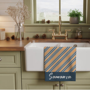 Linge De Cuisine Nom géométrique diagonal vintage orange gris