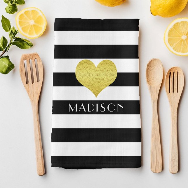 Linge De Cuisine Nom Impression de motif Cœur Or Noir Blanc (Name Black White Gold Heart Pattern Print Kitchen Towel)