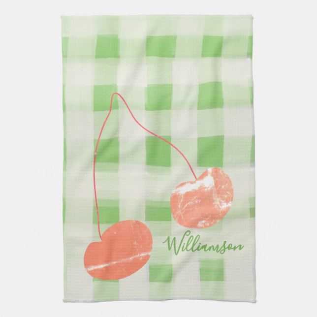 Linge De Cuisine Nom Monogram Check En vichy Pastel Green Cherry (Vertical)