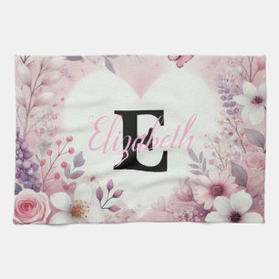 Linge De Cuisine Nom monogramme coeur floral amoureux aquarelle