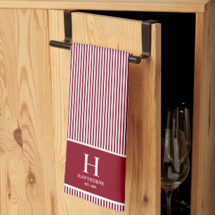 Linge De Cuisine Nom Monogramme Élégant Rayure Rouge Bourgogne