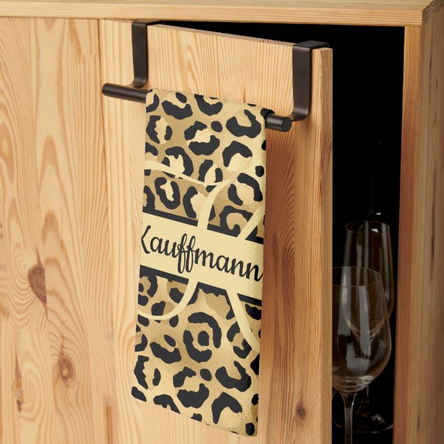 Linge De Cuisine Nom Monogramme Imprimé Léopard Noir Or Cheetah (Pliage en tiers)
