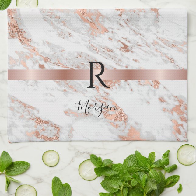 Linge De Cuisine Nom noir/Monogramme blanc+Rose Parties scintillant (Plié)
