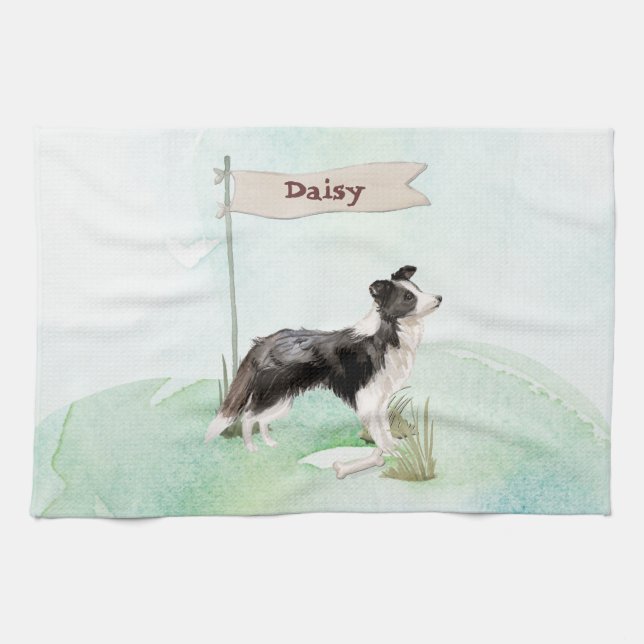 Linge De Cuisine Nom personnalisé Bordure Collie chien animal (Horizontal)
