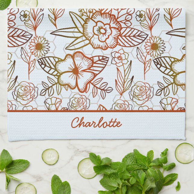 Linge De Cuisine Nom personnalisé Floral sans couture motif orange (Plié)