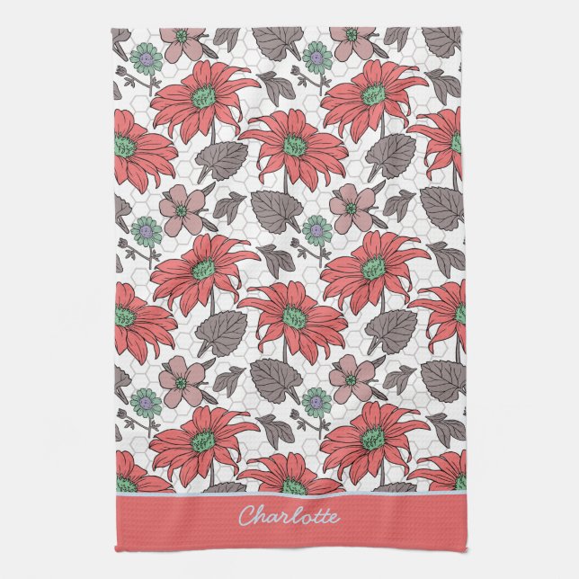 Linge De Cuisine Nom personnalisé floral transparent motif rose (Vertical)