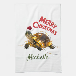 Linge De Cuisine Nom personnalisé Joyeuse tortue de Noël à Père Noë
