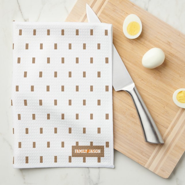 Linge De Cuisine Nom personnalisé monogramme carré points blanc bru (Quart Plié)