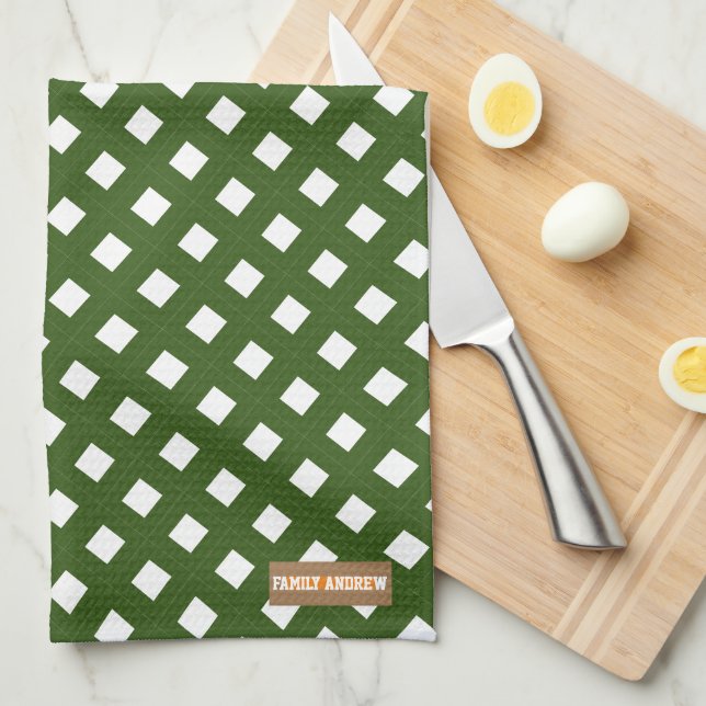 Linge De Cuisine Nom personnalisé monogramme diamants élégant vert  (Quart Plié)