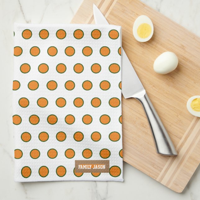 Linge De Cuisine Nom personnalisé monogramme pois blanc orange vert (Quart Plié)