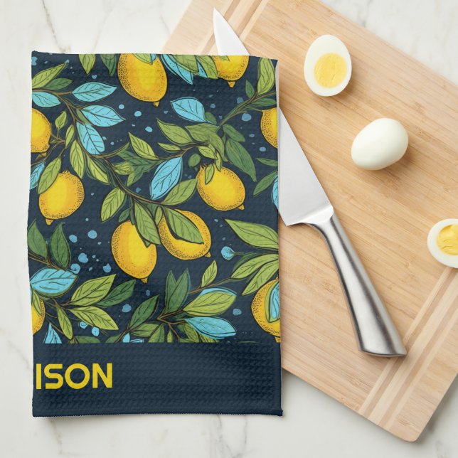 Linge De Cuisine Nom personnalisé motif citron (Quart Plié)