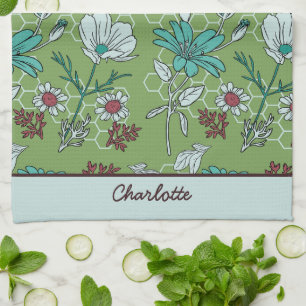 Linge De Cuisine Nom personnalisé motif floral vert transparent