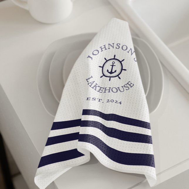 Linge De Cuisine Nom personnalisé nautique blanc (Créateur téléchargé)
