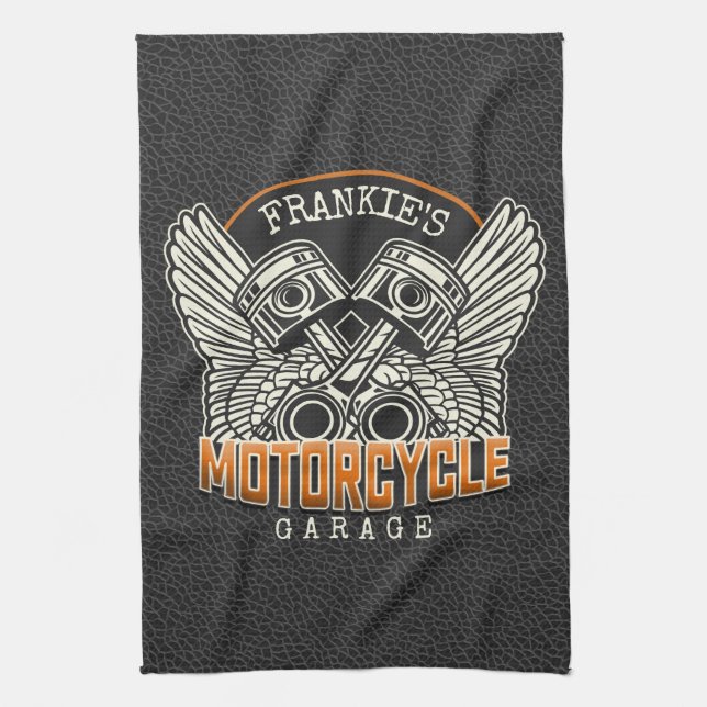 Linge De Cuisine Nom personnalisé Pistons Wings Motorcycle Garage (Vertical)