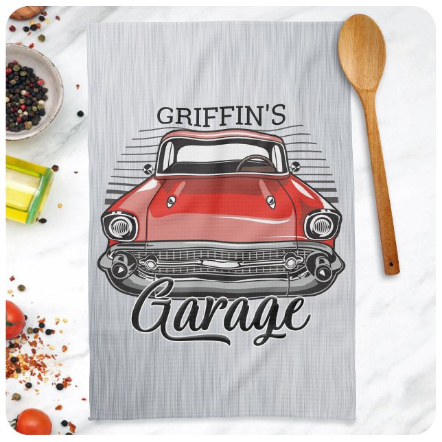 Linge De Cuisine NOM personnalisé Retro Red Classic Car Garage (Créateur téléchargé)