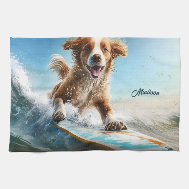 Linge De Cuisine Nom personnalisé Surfing Chien (Horizontal)