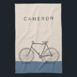 Linge De Cuisine Nom personnalisé Vintage Vélo vélo élégant<br><div class="desc">Apportez une touche de charme classique à votre cuisine avec cette serviette de cuisine vintage personnalisée pour vélo. Doté d'une illustration cyclable intemporelle sur un arrière - plan rayé élégant avec un accent marin audacieux, cette serviette est parfaite pour les amateurs de vélo, les amateurs vintages et ceux qui apprécient...</div>