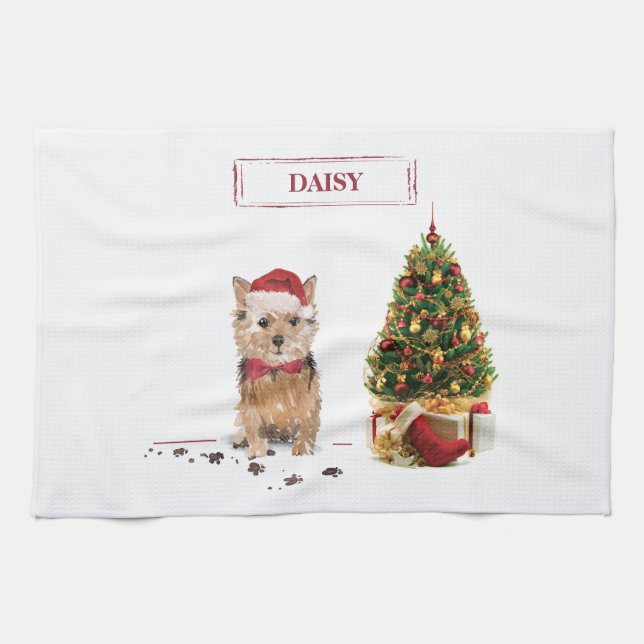 Linge De Cuisine Norfolk Terrier Drôle chien de Noël avec arbre (Horizontal)