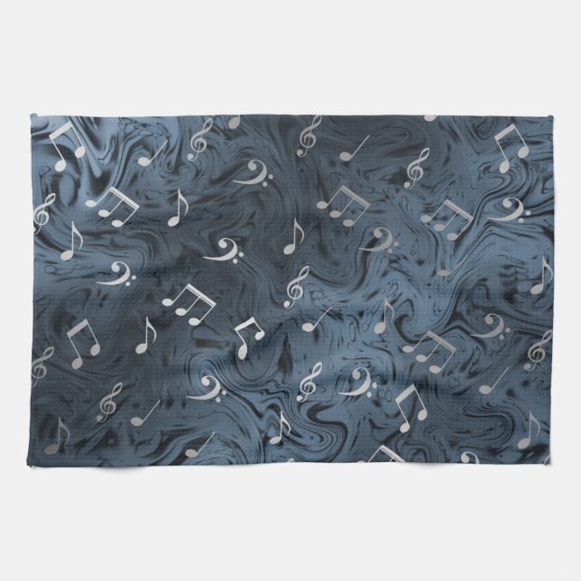 Linge De Cuisine notes de musique argentées élégantes en bleu (Horizontal)