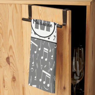 Linge De Cuisine Notes de musique en noir gris et blanc