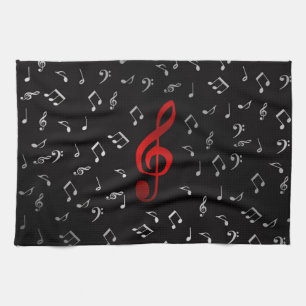 Linge De Cuisine notes de musique rouges et noir argenté