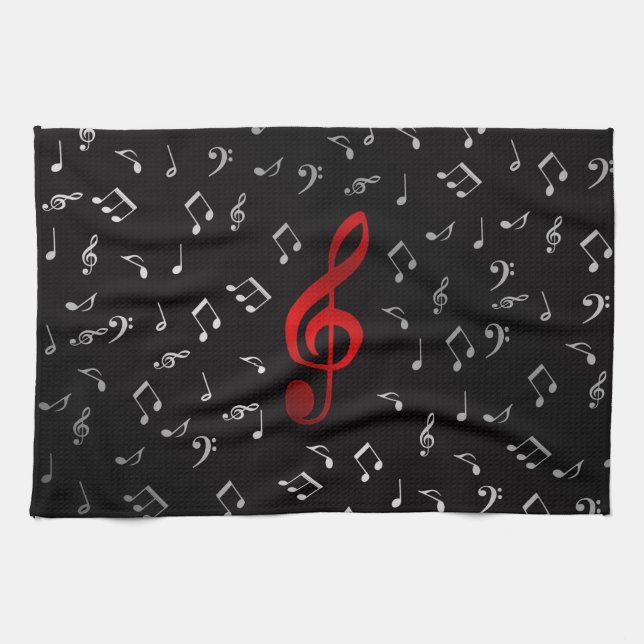 Linge De Cuisine notes de musique rouges et noir argenté (Horizontal)
