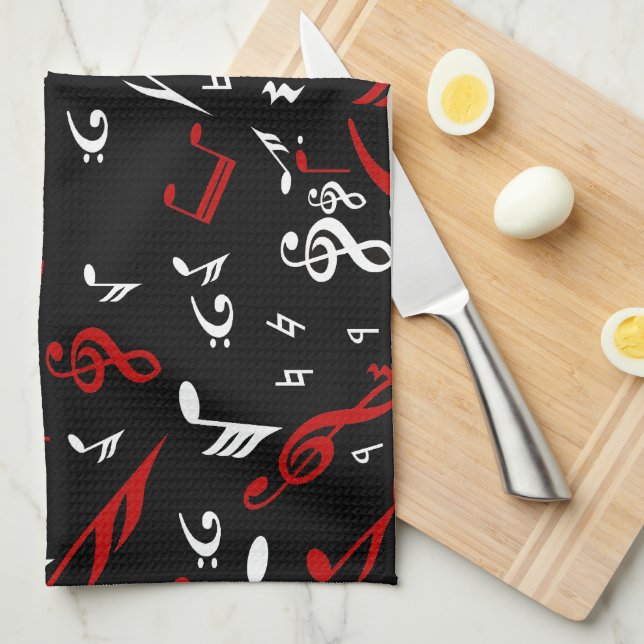 Linge De Cuisine Notes musicales rouges blanches et noires (Quart Plié)