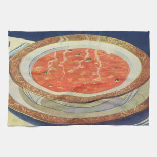 Linge De Cuisine Nourriture vintage, bol chaud de soupe de tomates 