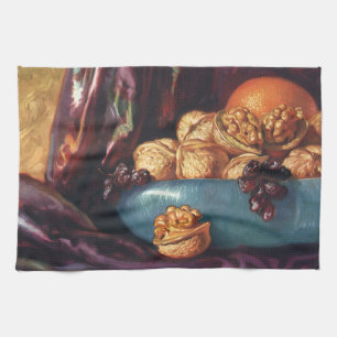 Linge De Cuisine Nourriture vintage, noix et fruits dans un Bol Ble