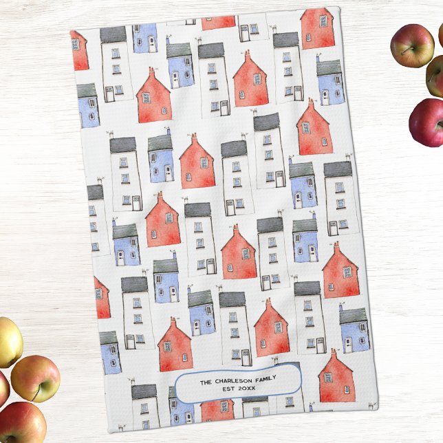 Linge De Cuisine Nouvelle Maison Personnalisée (House watercolor art personalized family kitchen towel)